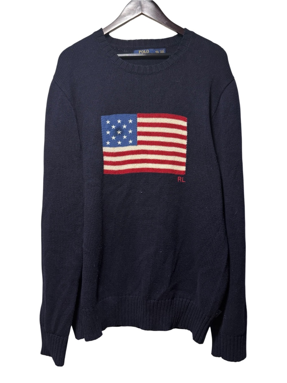 Vintage Polo Ralph Lauren Navy Blue American Flag Cotton Knit Sweater Size XXL